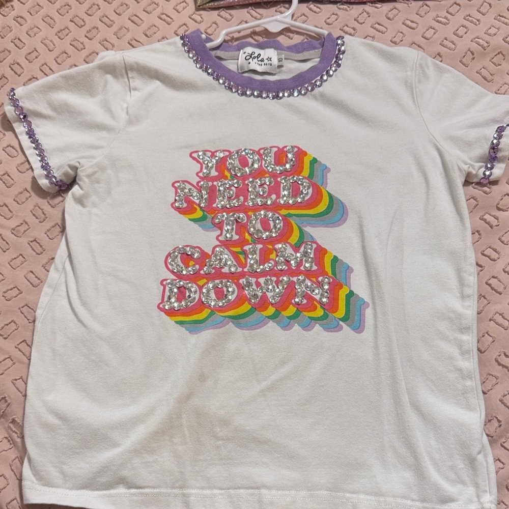Lola + The Boys White Tee with Rainbow Text and Purple Trim